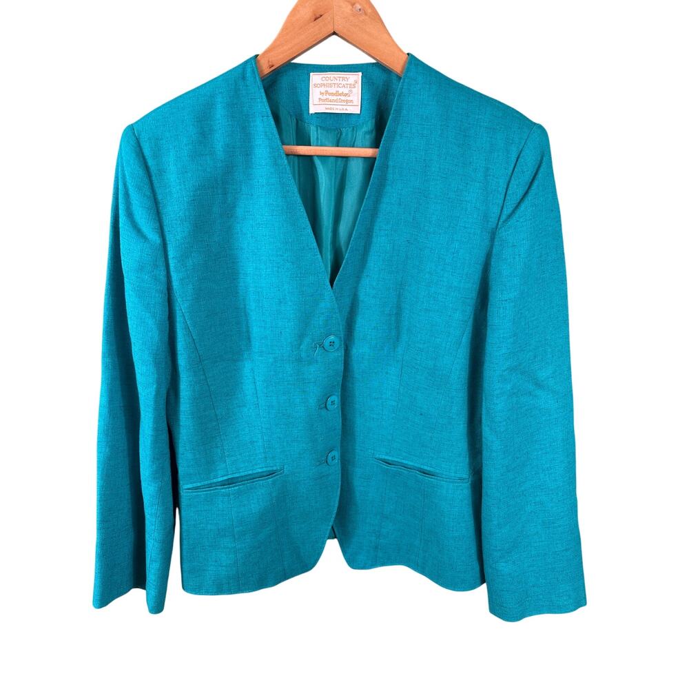 Pendleton Blazer Jacket Women's 8 Teal Blue Made in‎ USA Country Sophisticates